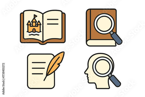 Storytelling and research icon set. Vector icons for education, knowledge, and learning. Includes fairytale book, analysis, writing with quill, and psychology concept.