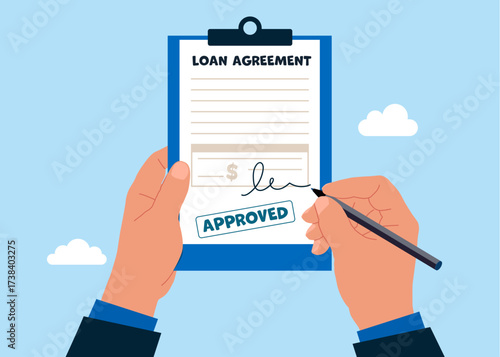 Hand holding clipboard with checklist and pen for loan agreement. Loan agreement borrow money from bank, mortgage, debt or obligation to pay back interest rate, personal loan or financial support. 