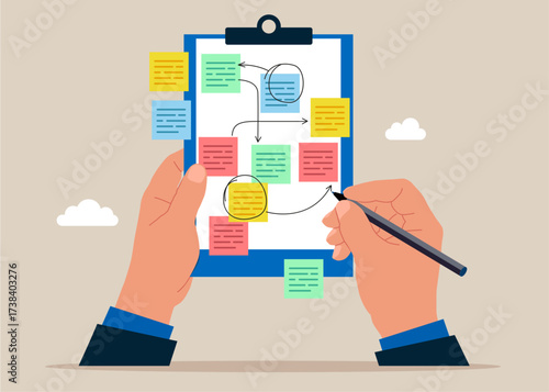 Hand holding clipboard with checklist and pen for sorting important or urgency tasks, prioritize work for project management. Sticky notes and discussing an idea. Business Workshop. Vector flat illust