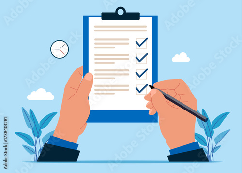Hand holding clipboard with checklist and pen for fill list while. Interview assessment. Survey form with pen. Modern vector illustration in flat style