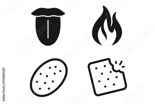 Vector icon set of taste and sensation. Tongue for flavor, fire for spicy hot, and crunchy snack food. Bitten cracker biscuit and potato chip symbol glyph collection.