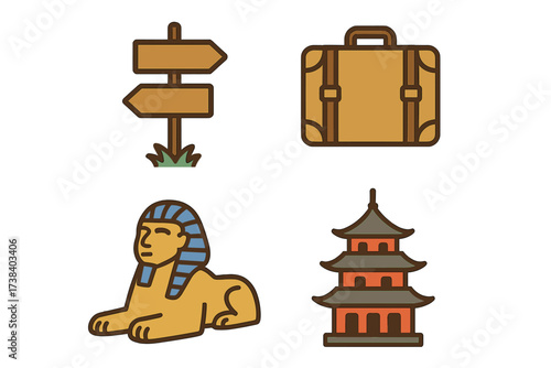 Travel icon set vector collection. Tourism and journey symbols. Suitcase for vacation, direction signpost for adventure. World landmarks Egyptian Sphinx and Asian pagoda.