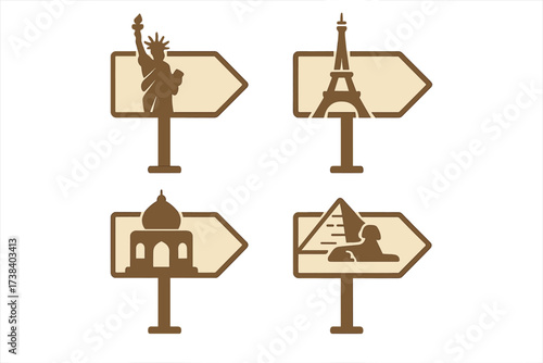 Travel landmarks signpost collection. Vector icons set with famous world monuments. Direction signs to USA, France, Egypt, India. Statue of Liberty, Eiffel Tower, Sphinx.