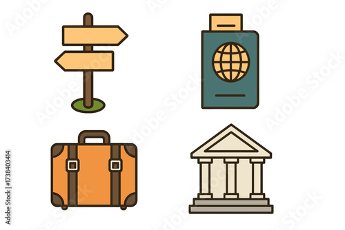 Travel icon set vector illustration. Tourism and journey symbols. Passport for international trip, luggage for vacation, direction road sign and bank or museum building pictogram.