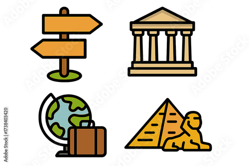 Travel and tourism icon set for vacation and journey planning. Includes world landmarks like Egypt pyramid and Sphinx, Greek Parthenon, and globe with luggage for global exploration.