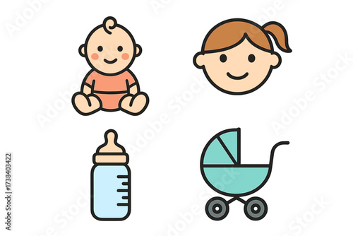 Baby and kid vector icon set. Collection of simple flat design symbols for newborn and childcare. Includes sitting infant, girl face, feeding bottle, and baby stroller or pram.