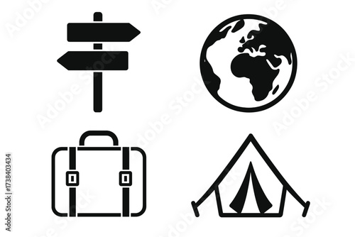 Travel icon set for journey and adventure. Vector collection for tourism and vacation concepts. Includes globe, signpost, luggage, and camping tent for exploration.