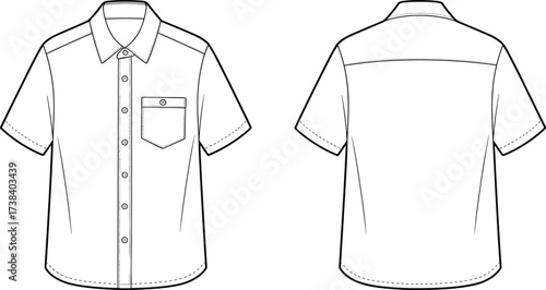 Short sleeve button up shirt flat sketch, front and back view, apparel fashion template, clothing vector illustration, garment design mockup drawing