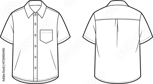 Short sleeve button up shirt flat sketch, front and back view, apparel fashion template, clothing vector illustration, garment design mockup drawing