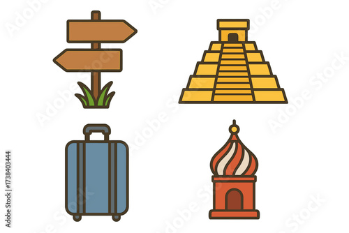 Travel icon set vector illustration. Tourism and vacation concept. World landmarks and journey symbols. Signpost, Mayan pyramid, luggage, and Russian cathedral design element.