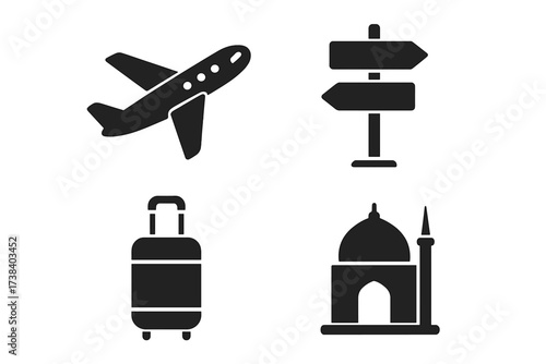 Travel vector icon set. Simple glyph collection for tourism and vacation. Includes airplane for flight, luggage for baggage, signpost for direction, and mosque for Islamic travel.