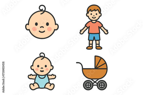 Baby and kid icon set. Vector illustration of a child's face, a young boy, a sitting infant, and a stroller. Cute cartoon characters for childhood and family concepts.