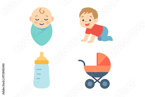 Baby icon collection vector set. Newborn infant swaddled, cute toddler crawling, feeding bottle with milk and stroller. Flat cartoon design for childcare, parenting, baby shower.