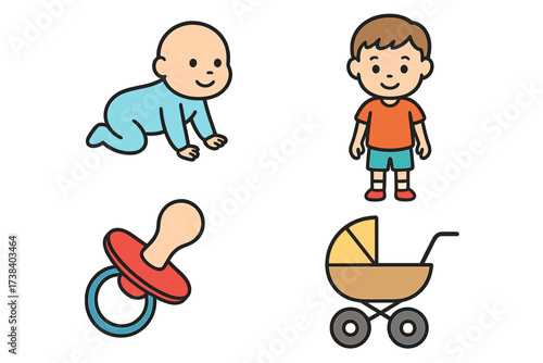 Baby and kid icon set. Crawling infant, toddler boy, pacifier dummy, baby carriage stroller. Vector collection for childcare, parenting, family, newborn, baby shower graphics.