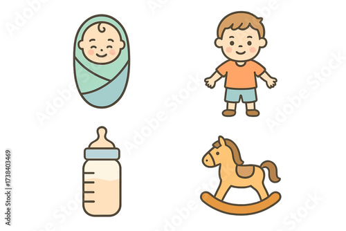 Baby and kid icon sign collection. Vector illustration of a swaddled newborn, young boy, baby bottle, and rocking horse toy. Cute cartoon symbols for childhood and parenting.