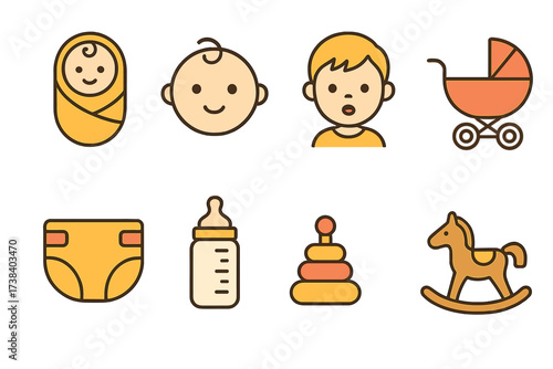 Baby care icon set. Newborn, infant, kid vector signs. Collection of childhood symbols: stroller, diaper, bottle, toy. Flat outline illustration for baby shower design.
