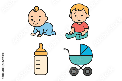 Cute baby and kid vector icon set. Collection of cartoon illustrations with a crawling infant, sitting boy, milk bottle, and stroller. Newborn and childcare symbols.