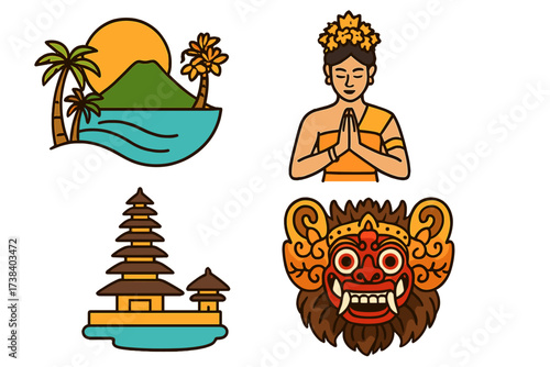 Bali Indonesia travel icon set. Vector illustration collection of Balinese culture symbols. Traditional Barong mask, pura temple, woman praying and volcano beach landscape.