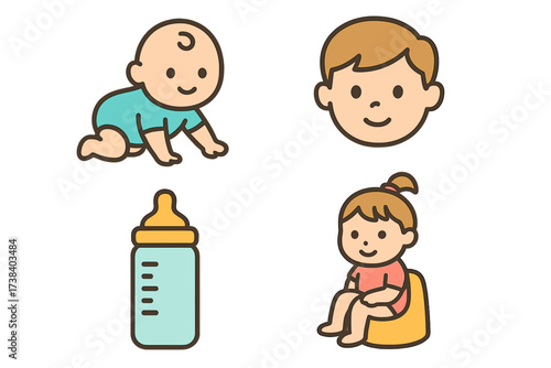 Baby and kid icon set vector illustration. Cute cartoon crawling infant, boy face, girl on potty and milk bottle. Toddler development, childcare, and parenthood concept signs.