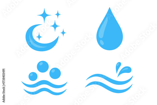 Vector illustration set of clean and wet logo collection. Water drop, splash, and bubbles icons. Hygiene, freshness, and laundry symbols. Pure liquid graphic for eco products.