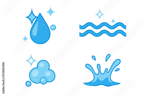 Water drop logo collection. Abstract vector icons for cleaning service, laundry, plumbing. Fresh aqua splash, wave, and spray symbols for car wash and eco company identity.