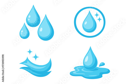 Clean water drop logo collection. Vector icon set of wet droplets, pure liquid splash, and fresh puddle. Shiny, sparkling moisture for laundry, cleaning, or eco concepts.