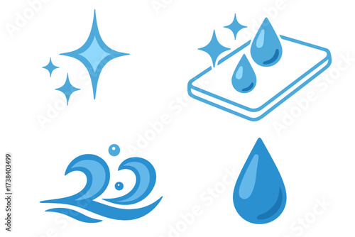 Vector icon set of clean and wet symbols. Water drop, sparkling shine, ocean wave, and absorbent surface logos. Purity, freshness, and waterproof concept illustration.