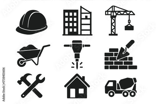 Construction site vector illustration. Building industry concept. Real estate development and architecture project. Engineering background with crane, workers, and machinery.