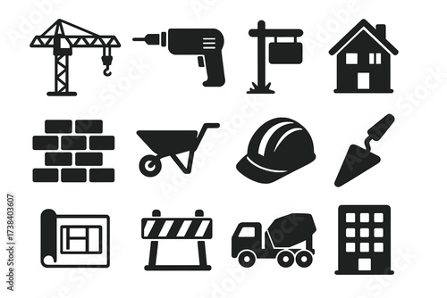 Construction and building vector icon set. Real estate, architecture and industry symbols. House, crane, tools and equipment silhouettes for engineering and contractor work.