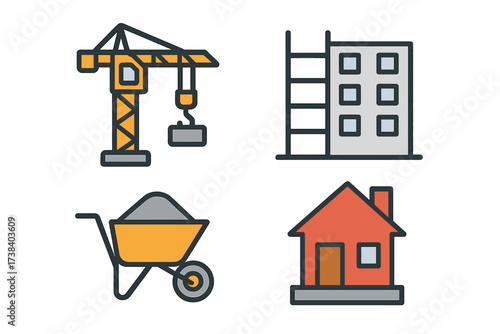Building and construction line icon set. Vector illustrations. Tower crane, house, wheelbarrow, property development. Real estate, architecture, engineering pictogram symbols.