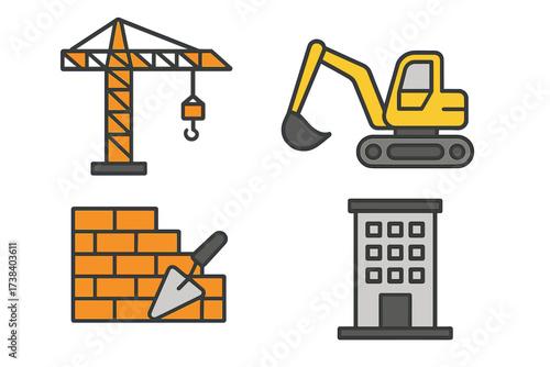 Construction industry icon set vector illustration. Tower crane, excavator, bricklaying, building symbols. Architecture, engineering, real estate development graphics.