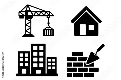 Construction and building icon set. Vector illustration of crane, house, city skyline, and bricklaying. Real estate development, architecture, and industry symbols. Black glyph icons.