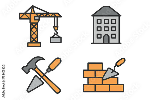 Construction and building icon set. Vector illustration of a tower crane, residential house, hammer and trowel tools, and bricklaying. Real estate development and architecture symbols.