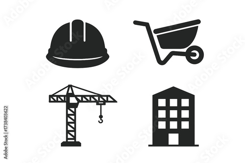 Construction and building icon set. Vector symbols for architecture, real estate development, and engineering. Hard hat, wheelbarrow, tower crane and building pictogram glyphs.