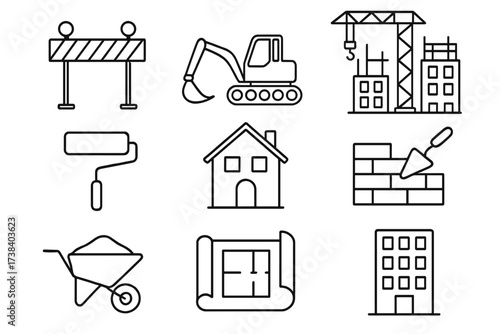Construction and building line icon set. Vector symbols for architecture, real estate. Includes crane, excavator, house, blueprint, trowel, paint roller. Engineering signs.