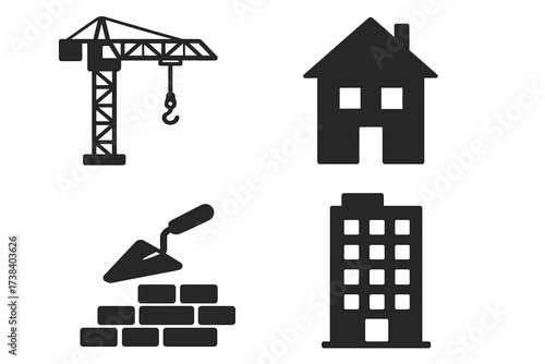 Construction vector icon set. Building industry and real estate symbols. Tower crane, house silhouette, apartment block, and bricklaying with trowel pictogram collection.