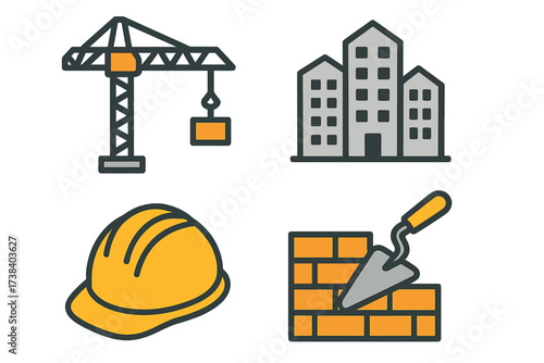 Construction and building industry icon set. Vector symbols for architecture and real estate. Includes tower crane, city buildings, safety helmet, and bricklaying trowel.