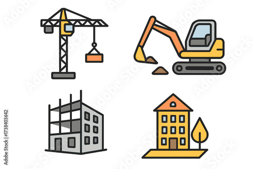 Construction site color icon set. Building process vector illustration. Includes tower crane, excavator, unfinished building frame and complete house. Real estate development.