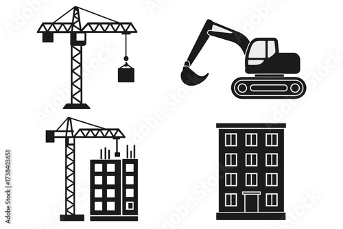 Vector illustration of a construction site. Industrial building process with crane, machinery, and workers in helmets. Architecture, engineering, and real estate development concept.