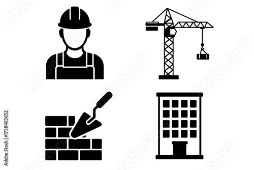 Construction and building industry vector icon set. Worker, crane, bricklaying, and skyscraper symbols. Real estate development, architecture, and engineering graphic elements.