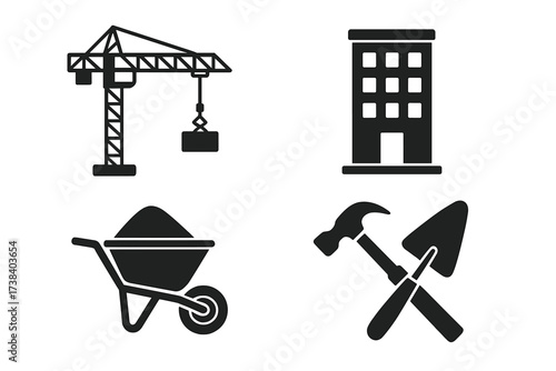 Construction icon set vector illustration. Building industry symbols. Crane, house, wheelbarrow, hammer and trowel pictograms for architecture, real estate and web design.