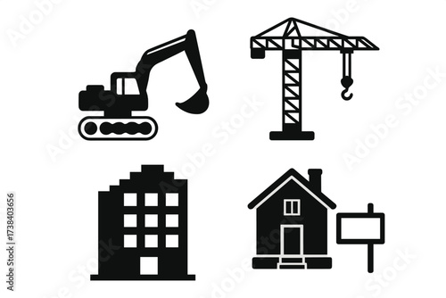 Construction icons set vector. Building industry and real estate symbols. Excavator, crane, apartment, house for sale sign. Property development architecture black silhouette.