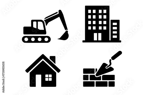 Construction and building icon set. Vector illustration of industry symbols. Excavator, house, office building, and trowel with brick wall. Real estate and architecture concept.