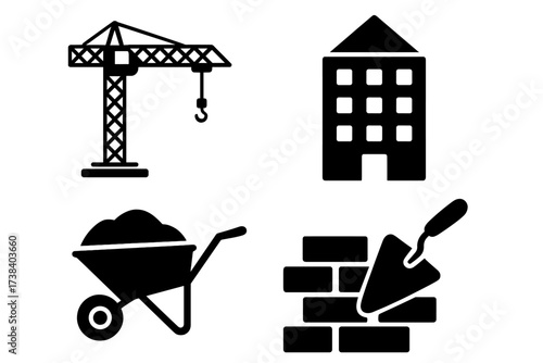 Construction and building vector icon set. Real estate development symbols. Tower crane, house, wheelbarrow, bricklaying trowel glyphs. Architecture industry silhouette signs.