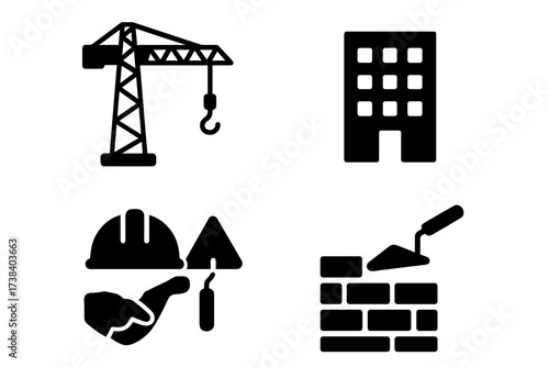 Construction and building solid glyph icon set. Vector symbols for architecture, real estate. Includes tower crane, house, hard hat, trowel, and bricklaying. Industry.