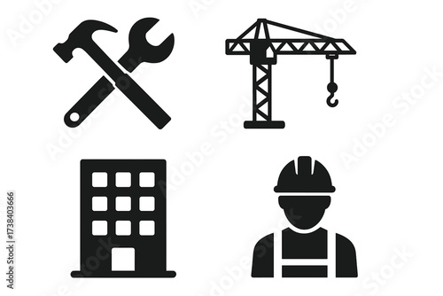 Construction and building industry icon set. Vector symbols for real estate development, engineering, and architecture. Worker, crane, tools, and office building silhouettes.