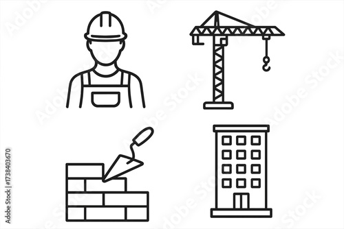 Vector construction icon set. Building industry symbols. Builder worker, tower crane, bricklaying, apartment house. Engineering, architecture, real estate outline graphics.