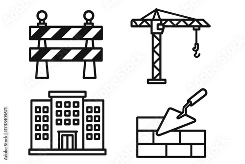 Construction icon set for building industry. Vector line art of crane, barricade, office block, bricklaying. Real estate development, architecture and engineering symbols.