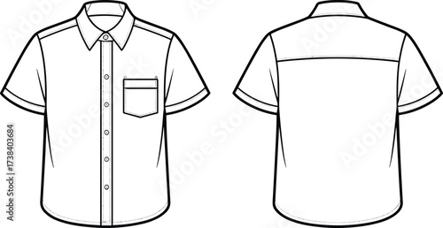 Short sleeve button up shirt flat sketch, front and back view, apparel fashion template, clothing vector illustration, garment design mockup drawing