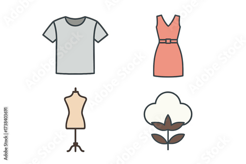 Fashion and garment icon set. Vector line illustration of clothing and apparel. T-shirt, dress, tailor mannequin and cotton plant symbol for textile and manufacturing.